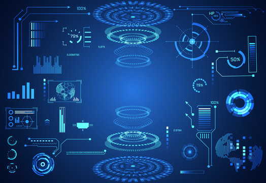 Abstract Technology Ui Futuristic Concept Hud Interface Hologram Elements Of Digital Data Chart, Communication, Computing And Circle Percent Vitality Innovation On Hi Tech Future Design Background