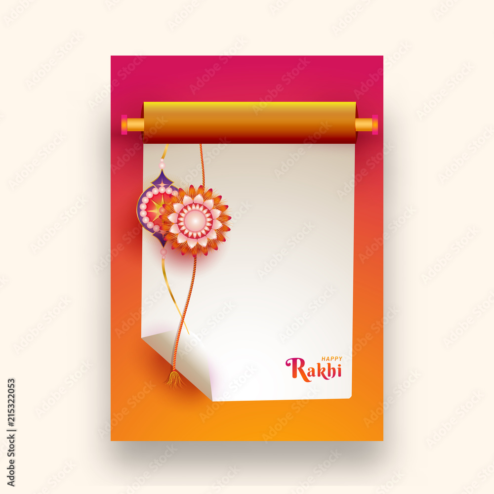 Poster creative greeting card design with illustration of floral rakhi on blank scroll paper and space for 