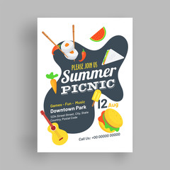 Summer Picnic template or flyer design with delicious food element and guitar with date and venue details.