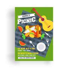 Family Picnic template or flyer desing with delicious food elements, time, date and venue details.