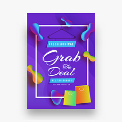 Grab the deal sale template or flyer design with shopping bags on shiny blue abstract background.