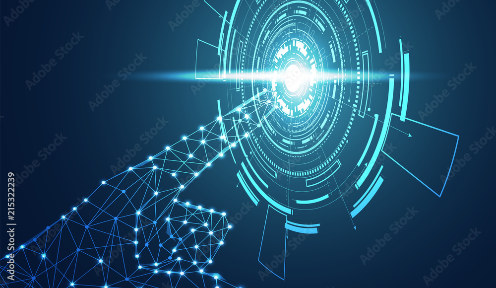 Poster abstract hand wireframe digital technology concept the finger is pointed in a circle blue light on h