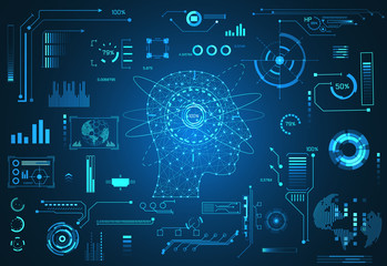 abstract technology ui futuristic concept head human digital hud interface hologram elements of digital data chart, communication,circle percent vitality innovation on hi tech future design background