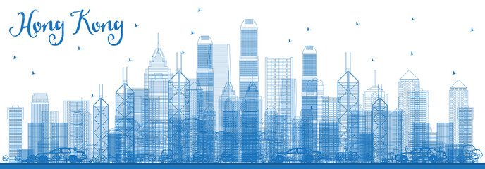 Obraz premium Outline Hong Kong China Skyline with Blue Buildings.