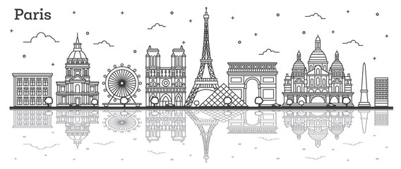 Naklejka premium Outline Paris France City Skyline with Historic Buildings and Reflections Isolated on White.
