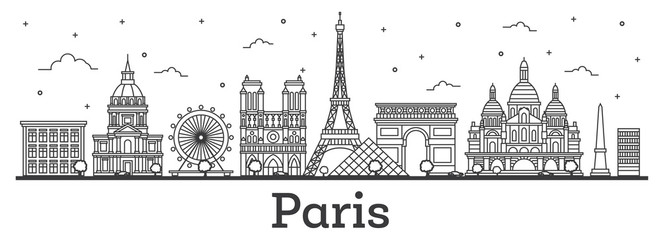 Obraz premium Outline Paris France City Skyline with Historic Buildings Isolated on White.