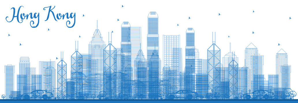 Outline Hong Kong China Skyline with Blue Buildings.
