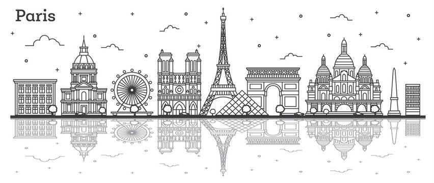 Outline Paris France City Skyline with Historic Buildings and Reflections Isolated on White.