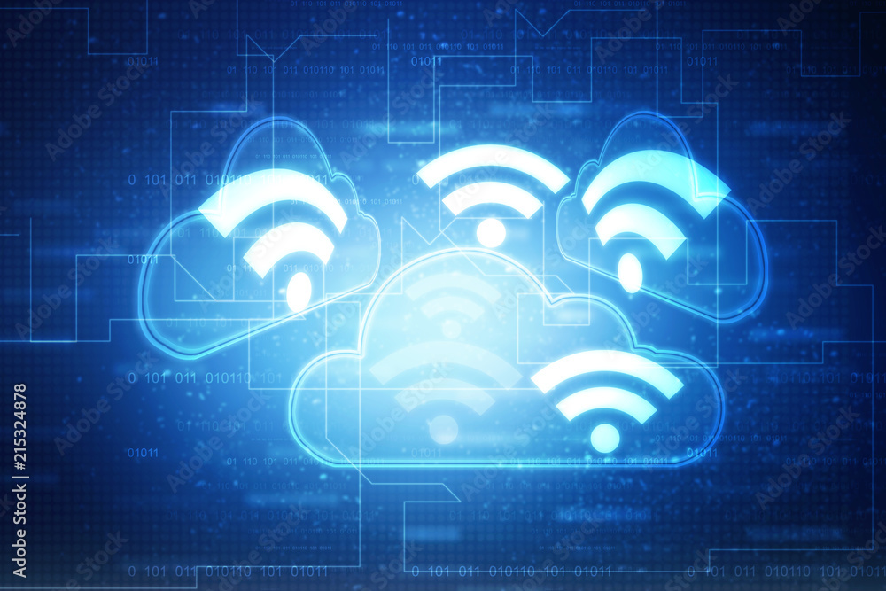 Poster 2d rendering cloud online storage icons with wifi