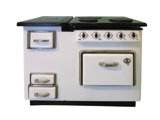 White old vintage retro kitchen stove isolated on white background
