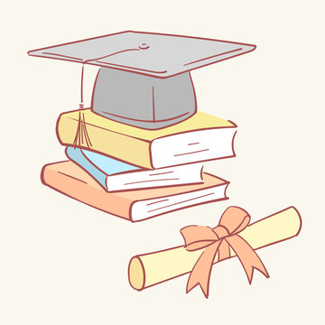 recommend clip art: Pile stack diploma graduation academic cap books hand drawn style vector doodle design illustrations