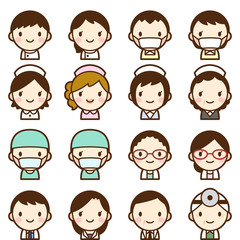 様々な世代の医療関係者　男女　白衣　顔　表情　かわいい　アイコン　セット