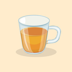 Tea in a glass transparent cup - cute cartoon colored picture of delicious drink. Graphic design elements for menu, packaging, advertising, poster, brochure. Vector illustration of beverage.