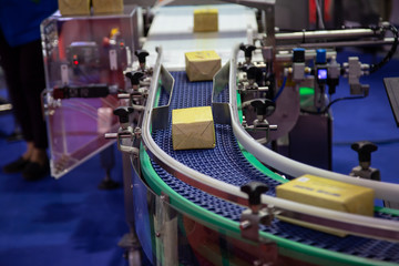 Box, package scanning conveyor line. Industrial logistics warehouse