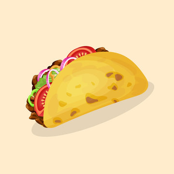 Taco - cute cartoon colored picture of traditional mexican food. Graphic design elements for menu, packaging, advertising, poster, brochure or background. Vector illustration of fast food.