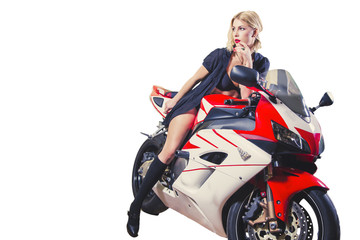 Fototapeta na wymiar sexy girl blonde on crane sportbike, on a white background