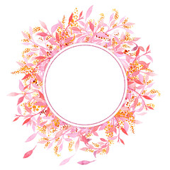 Fototapeta na wymiar Round frame with watercolor pink and Golden leaves and flowers
