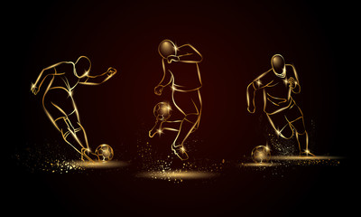 Football players set. Golden linear soccer player illustration for sport banner, background and flyer. - obrazy, fototapety, plakaty