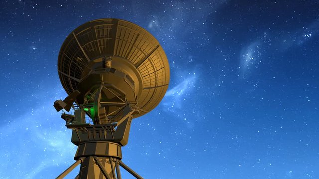 Radio telescope observing blue starry sky