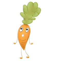 The surprised carrot with handsstick and legsstick is standing and looking up on the white bakcground
