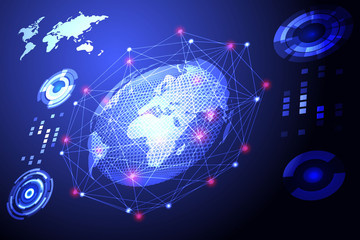 abstract technology concept global network connection futuristic earth globe virtual hologram communication system world and digital link business Connection hi tech background.Vector Illustration
