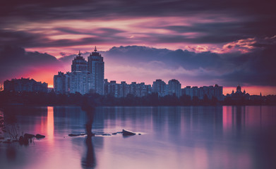 Dramatic evening city view, Kyiv, Ukraine