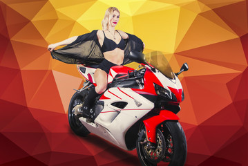 Fototapeta na wymiar Blonde girl on a sportbike on a yellow background