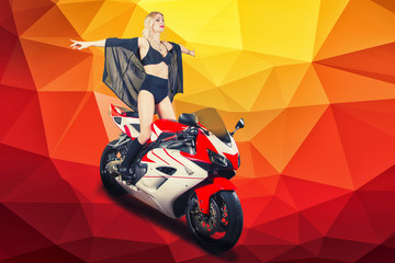 Fototapeta na wymiar Blonde girl on a sportbike on a yellow background