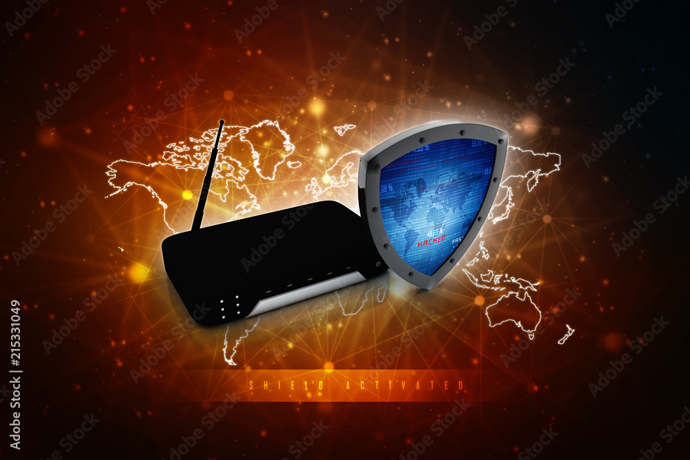 Poster 3d rendering shield and router