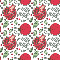 Garnet seamless pattern. Hand drawn fresh pomegranate. Multicolored vector sketch background. Colorful doodle wallpaper. Exotic tropical fruit. Red print