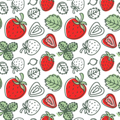Strawberry seamless pattern. Hand drawn fresh berry. Multicolored vector sketch background. Colorful doodle wallpaper. Red and green print