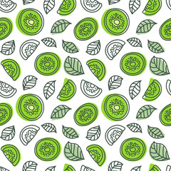 Kiwi seamless pattern. Hand drawn fresh tropical fruit. Multicolored vector sketch background. Colorful doodle wallpaper. Green print