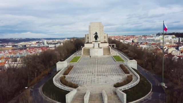 Dramatic Drone Reveal of Vitkov Hill with Fluttering Czech Flag