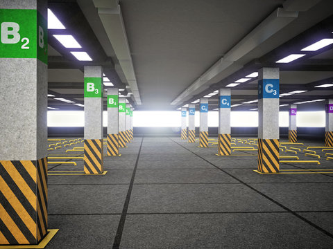 Empty parking lot with signs and guidelines. 3D illustration