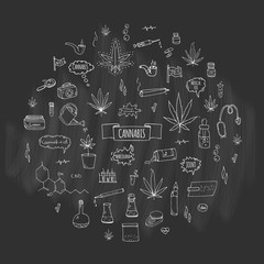 Hand drawn doodle Cannabis icons set Vector illustration sketchy symbols collection Cartoon concept elements Marijuana, Bag, Medical Use, Leaf, Drug, Legalization, CBD chemical formula, pipe, joint