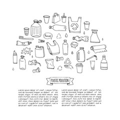 Hand drawn doodle Stop plastic pollution icons set Vector illustration sketchy symbols collection Cartoon concept elements Bag Bottle Recycle sign Package Disposal waste Contamination disposable dish