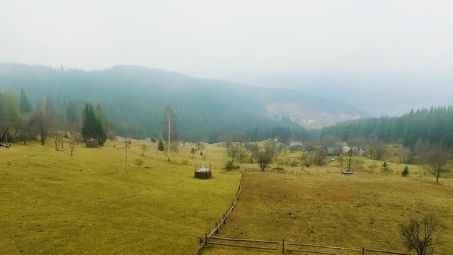 Farm meadow with mountains and forest on background