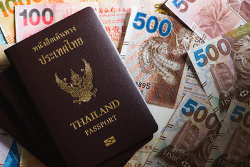Passport of Thailand and Hong Kong Dollar banknotes