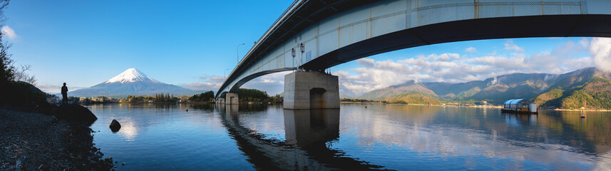 Mount Fuji and Lake Kawaguchi in panorama view.