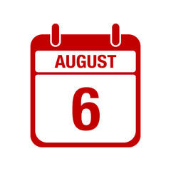 6 August calendar red icon. six