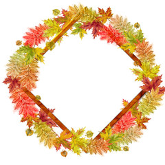 Diamond Wood Texture Frame Template with Autumnal Leaves Wreath Wrapped around it.