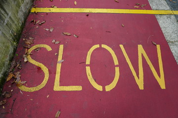 slow sign on bicycle road lane