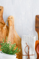 Kitchen tools on a table in a modern kitchen. Refocused background for text. The concept of homemade healthy food.