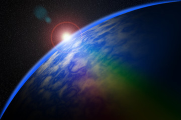 planet from orbit with rising sun