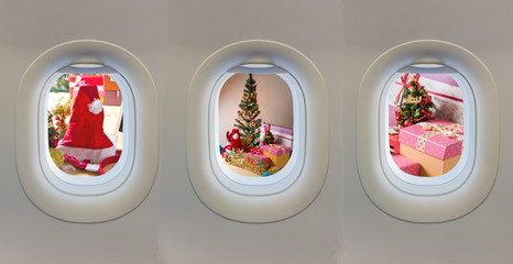 plane window and Christmas ornaments.