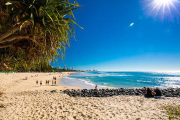 GOLD COAST, AUS - JULY 8 2018: Gold Coast skyline and surfing beach at Burleigh Heads, Australia