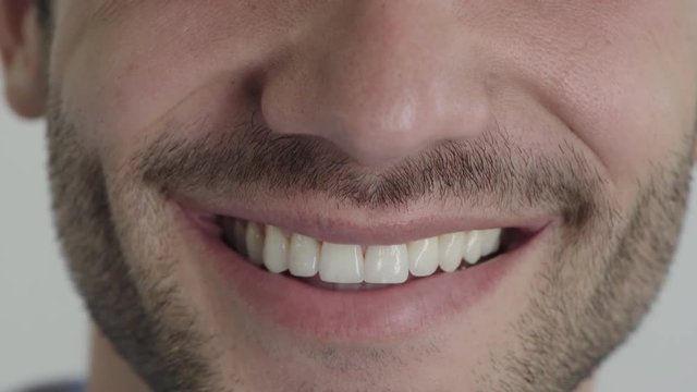 Close Up Young Man Mouth Smiling Happy With Beard Dental Health Concept