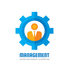 Management - vector business logo template concept illustration in flat style. Engineer people creative sign. Gear and human icon. SEO manager. Graphic design element. 