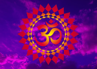 Bright yellow-red mandala with the sign Aum / Om / Ohm against the background of a blue sky with purple clouds.