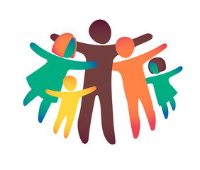 Happy family icon multicolored in simple figures. Three children, dad and mom stand together. Vector can be used as logotype